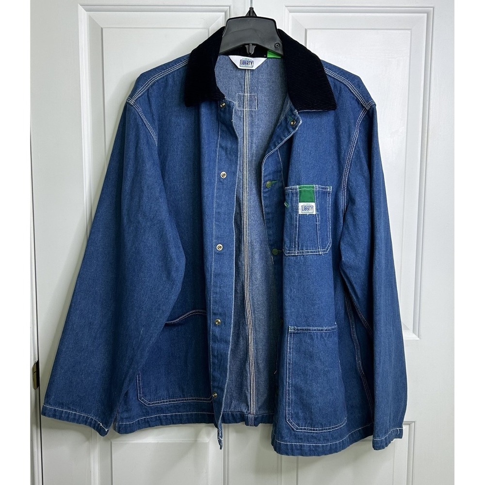 Liberty Overalls Denim Chore Coat Jacket Corduroy Collar Men XL Blue FLAWS READ
